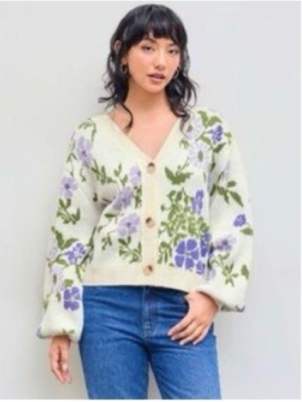 Cider Cream Floral Button-Front V-Neck Sweater XS